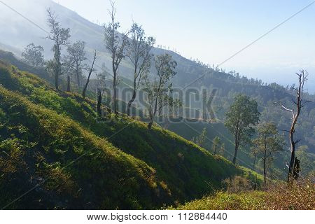 Misty mountain ridge with blue sky background.