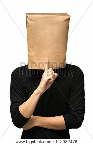 young man covering his head using a paper bag