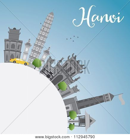 Hanoi skyline with gray Landmarks, blue sky and copy space. Vector illustration. Business and tourism concept with copy space. Image for presentation, banner, placard or web site