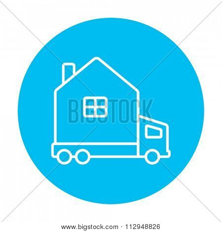 Motorhome line icon for web, mobile and infographics. Vector white icon on the light blue circle isolated on white background.