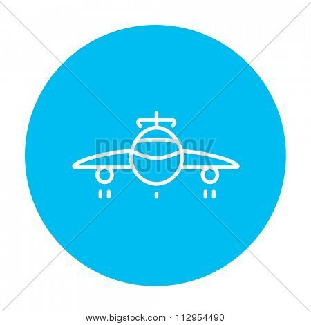 Airplane line icon for web, mobile and infographics. Vector white icon on the light blue circle isolated on white background.