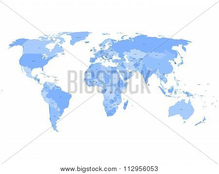 World map with names of sovereign countries and larger dependent territories