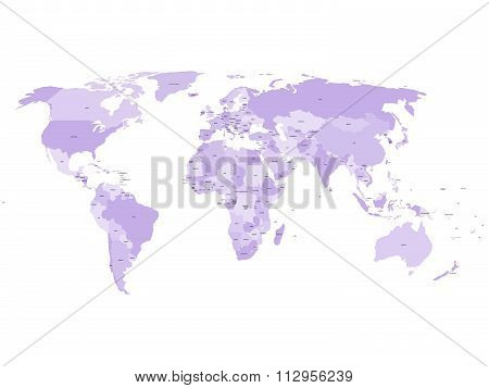 World map with names of sovereign countries and larger dependent territories