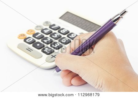 Calculator With Hand Isolated On White Background
