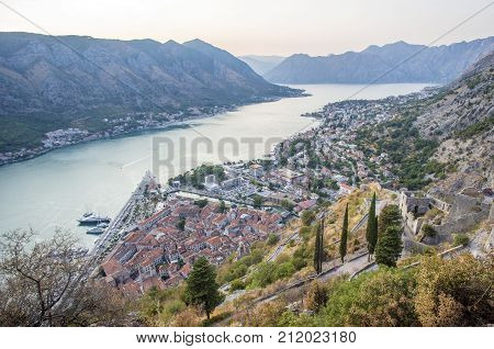 Montenegro. Kotor Bay from a bird's eye view. Sunset.