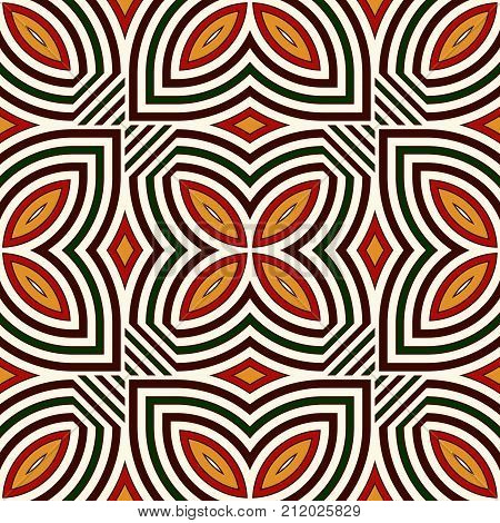 Bright Seamless Pattern With Floral Ornament In Christmas Traditional Colors. Ethnic And Tribal Moti