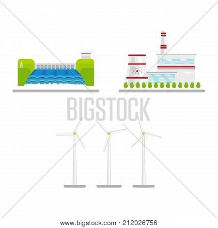 vector flat renewable, alternative energy icon set. Hydroelectric dam, wind turbine and nuclear reactor power plants. Isolated illustration on a white blue abstract background.