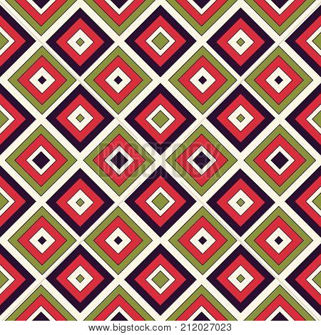 Seamless pattern in vivid colors. Repeated squares and rhombuses bright ornamental abstract background. Can be used for digital paper textile print page fill. Vector illustration