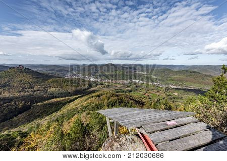 Paragliding launch site on a mountaintop overlooking the Palatinate Forest (Germany)