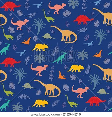 Pattern with different kinds of dinosaurs, plants and leaves on blue background