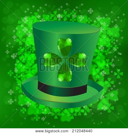 Four- leaf clover - Irish shamrock St Patrick's Day symbol. Green glass clover and green hat. St. Patrick's day green leaves on green background.