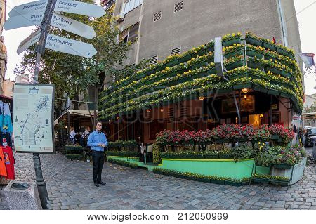 BELGRADE SERBIA - OCTOBER 21 2017: Restaurant on the old street Skadarlija the main bohemian place of Belgrade.