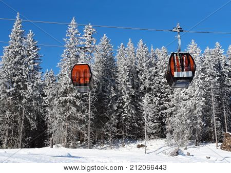 View of two cable car cabins and snow-covered spruce trees in the famous ski resort.