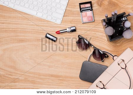 Top View Of Cosmetics And Female Accessories. Woman Essentials.