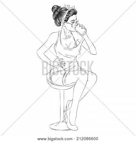 Pin up girl drinking soda pop art retro style.