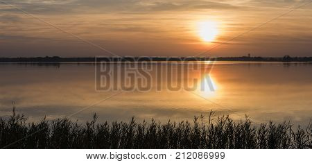 Belterwijde of the National Park Weerribben Wieden at sunset in autumn.