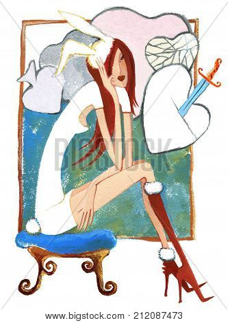 The girl in fancy dress sits on banquette on the pattern background