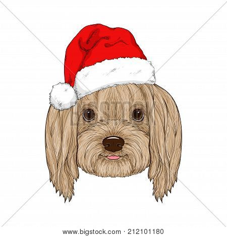 Sketch of cute dog in red Santa's hat. Hand drawing muzzle. Domestic animal. Cute dog with and tongue out for Christmas and New Year design