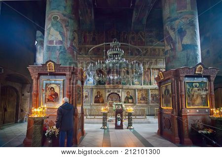 Moscow Russia - October 22 2017: Interior of the Sretensky Monastery founded by Grand Prince Vasili I in 1397 in Moscow.