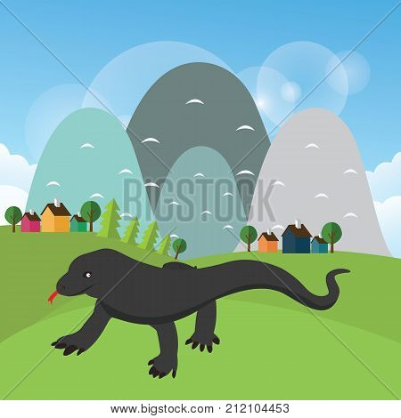 komodo dragon reptile vector illustration with mouintain scene background outdoor