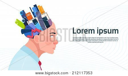 Man Head With Box With Office Stuff Digrams And Charts With Percents On White Background With Copy Space Flat Vector Illustration