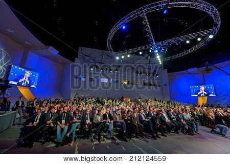 Skolokovo, Russia - October 16, 2017: People attend Open Innovations 2017 forum in new building Skolkovo Technopark.
