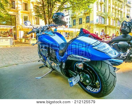 Odessa, Ukraine - Jily 09, 2017: Customized motorbikes parked on Deribasovskaya street in Odessa, Ukraine on Jily 09, 2017