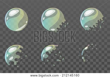 Vector cartoon style set of game soap round bubble burst sprites for animation. Game user interface (GUI) element for video games, computer or web design.