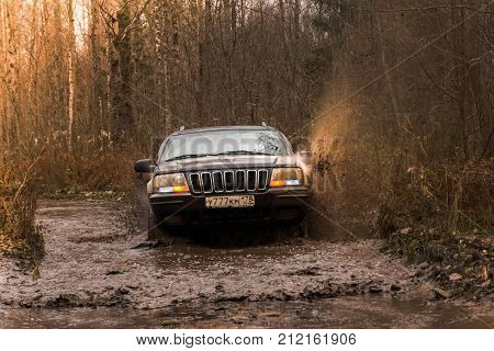 28.10.2017. Arkhangelsk tract. Leningrad region. Russia. check out offroad jeep Cherokee and Wrangler. The Cherokee is a compact SUV manufactured by Chrysler