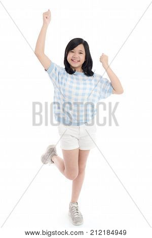 Asian Girl Show Winner Sign On White Background Isolatedstudio Short