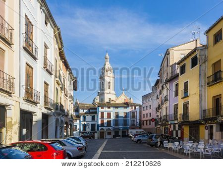 XATIVA, SPAIN, 1ST FEBRUARY 2017 - Market place and tower of La Seu Cathedral Xativa (Jativa) Valencia Spain