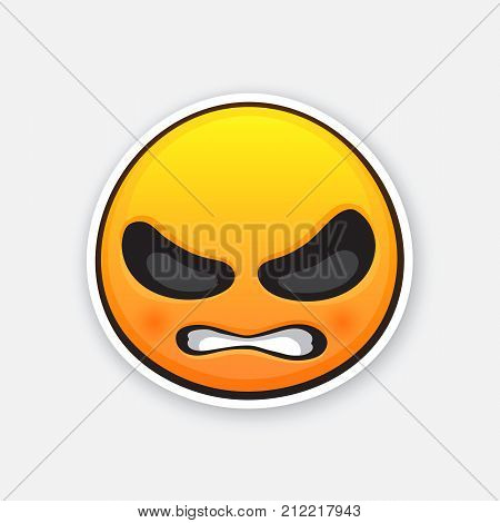 Vector illustration. Emoticon for expressing emotion of angry and wicked, with clenched teeth. Evil emoji character. Icon for expression of feelings. Sticker with contour. Isolated on white background