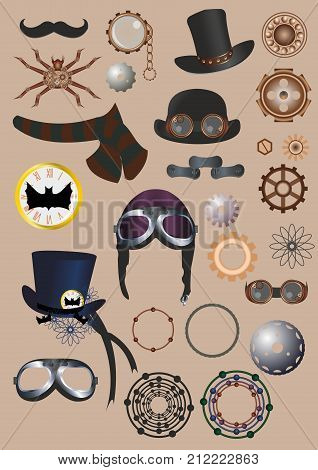 Steampunk elements with hat goggles and gear