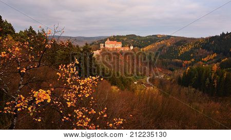 Beautiful Old Castle In Forests With Autumn Landscape. Castle Pernstejn - Nedvedice. Europe Czech Re