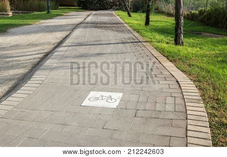 Road sign on the cycleway, bikeway for cyclists only. Bike lane in Valencia Spain