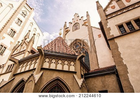 Maisel synagogue in Prague Czech Republic. Architectural theme. Religious architecture. Travel destination. Yellow photo filter.