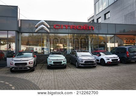 Prague, Czech Republic - November 5: Citroen Cars In Front Of Dealership Building On November 5, 201