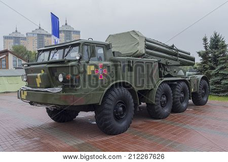Kiev Ukraine - October 11 2017: Missile system with the symbols of the armed forces of Ukraine at the exhibition 