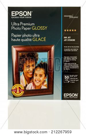 Winneconne WI - 1 November 2017: A package of Epson Ultra premium photo glossy paper on an isolated background.