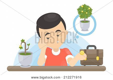 Isolated sad businessman with wilting money tree dreaming of wealth.