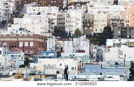 San Francisco style architecture with a background pattern colorful buildings on a downtown hill