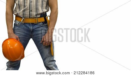 Builder worker with a helmet and in mounting belt isolated on white background with copy space. Construction background. Repair background concept.