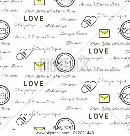 Love letters seamless vector pattern on white. Romantic valentine wrap paper black and white text design.
