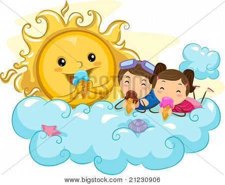 Illustration av barnen äta glass med solen