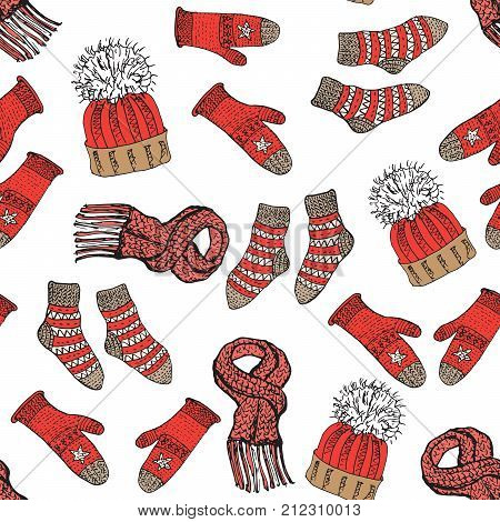 Winter season doodle clothes seamless pattern. Hand drawn sketch elements warm raindeer sweater socks gloves and hats. vector background illustration