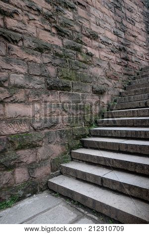 Oct 06 2017: The Old Fortress at Moshan Park Wuhan China. Made from red stone and it's old. This park is for relax and travel in the center of Wuhan. And it's specific name.