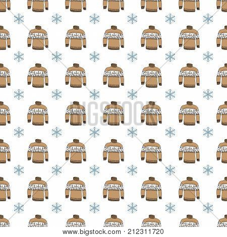Winter season doodle clothes seamless pattern. Hand drawn sketch elements warm raindeer sweater socks gloves and hats. vector background illustration