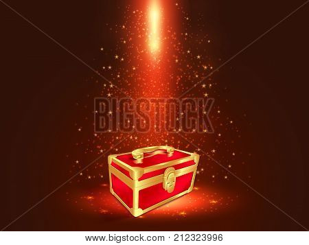 Closed red gift box.Scatter shining star dust light explosion effect.Vector background for holidays and party