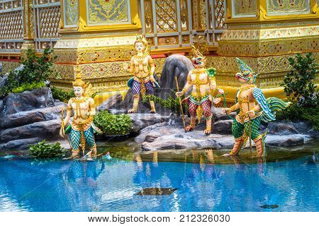 Gods Angel Kinnaree And Animals In Literature Are Swimming In Anodard Pool.