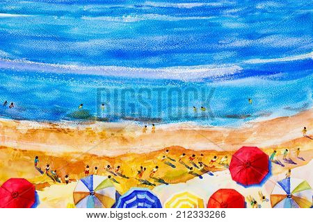 Painting watercolor seascape Top view colorful of lovers family summer holiday and tourism in summery multi colored umbrella sea wave blue background. Painted Impressionist abstract image illustration.